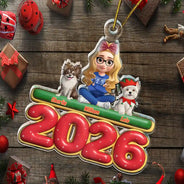 Christmas,Pet Lovers,Pet Mom,Pet Dad,Dog Lovers,Dog Mom,Dog Dad,Happy - 3D Effect Woman Man With Dogs Christmas - Personalized Custom Shaped Acrylic Ornament