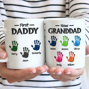 Gift For Grandpa,Top Market,Grateful,Icon - 3D Inflated Effect Handprints First Dad Now Grandpa - Personalized White Edge-to-Edge Mug