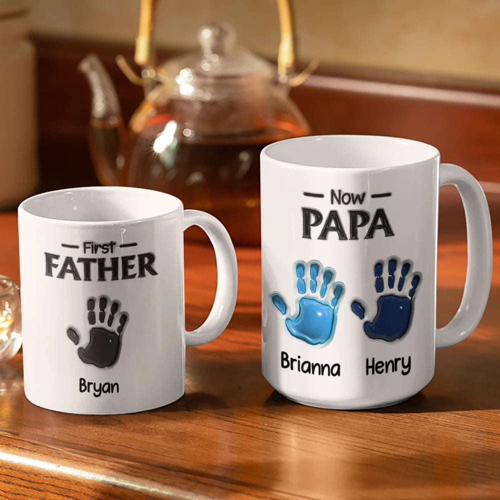 Gift For Grandpa,Top Market,Grateful,Icon - 3D Inflated Effect Handprints First Dad Now Grandpa - Personalized White Edge-to-Edge Mug