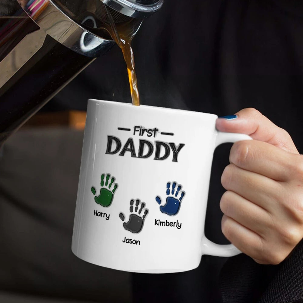 Gift For Grandpa,Top Market,Grateful,Icon - 3D Inflated Effect Handprints First Dad Now Grandpa - Personalized White Edge-to-Edge Mug