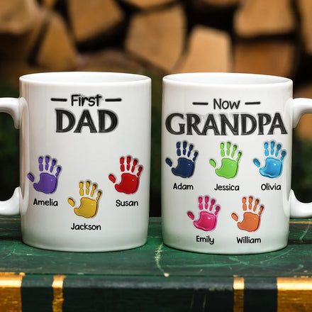 3D Inflated Effect Handprints First Dad Now Grandpa - Personalized White Edge-to-Edge Mug
