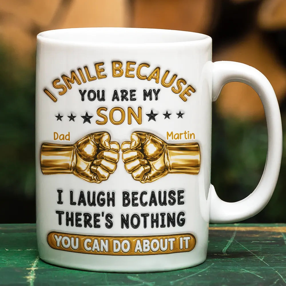 Gift For Son,Gift For Children,Humorous,Custom Text - 3D Inflated Effect I Smile Because You're My Son Hand Punch - Personalized White Edge-to-Edge Mug
