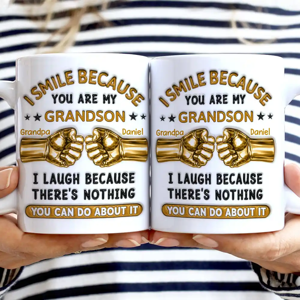 Gift For Son,Gift For Children,Humorous,Custom Text - 3D Inflated Effect I Smile Because You're My Son Hand Punch - Personalized White Edge-to-Edge Mug