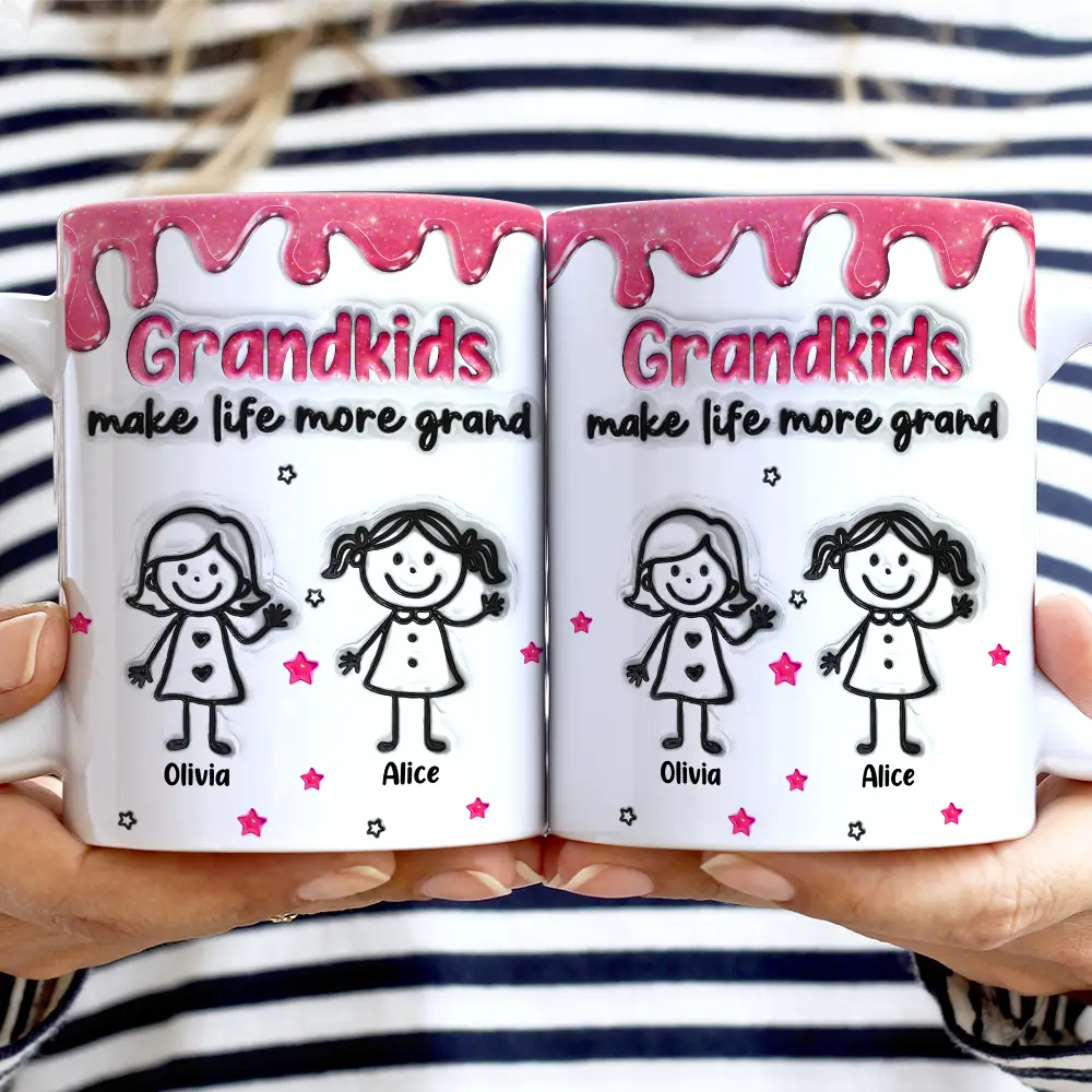 Gift For Grandma,Grandpa - Grandkids,Grandma - Grandkids,Gift For Grandpa,Happy - 3D Inflated Effect Stick Figure Grandkids Make Life More Grand - Personalized White Edge-to-Edge Mug