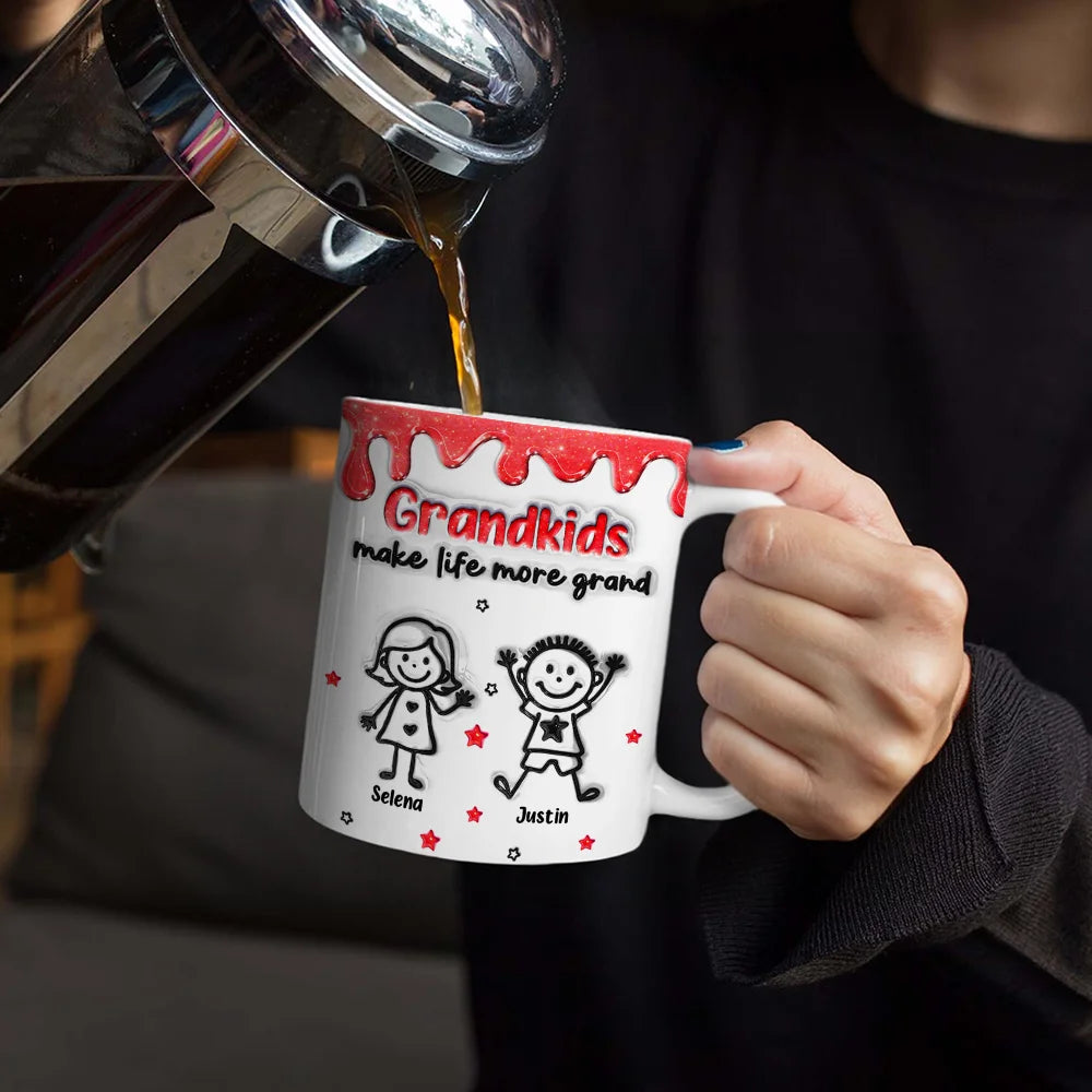 Gift For Grandma,Grandpa - Grandkids,Grandma - Grandkids,Gift For Grandpa,Happy - 3D Inflated Effect Stick Figure Grandkids Make Life More Grand - Personalized White Edge-to-Edge Mug