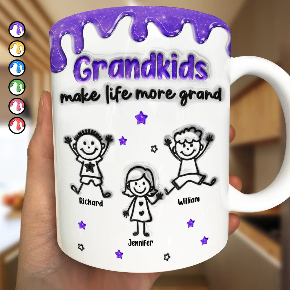 Gift For Grandma,Grandpa - Grandkids,Grandma - Grandkids,Gift For Grandpa,Happy - 3D Inflated Effect Stick Figure Grandkids Make Life More Grand - Personalized White Edge-to-Edge Mug