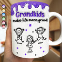 Gift For Grandma,Grandpa - Grandkids,Grandma - Grandkids,Gift For Grandpa,Happy - 3D Inflated Effect Stick Figure Grandkids Make Life More Grand - Personalized White Edge-to-Edge Mug