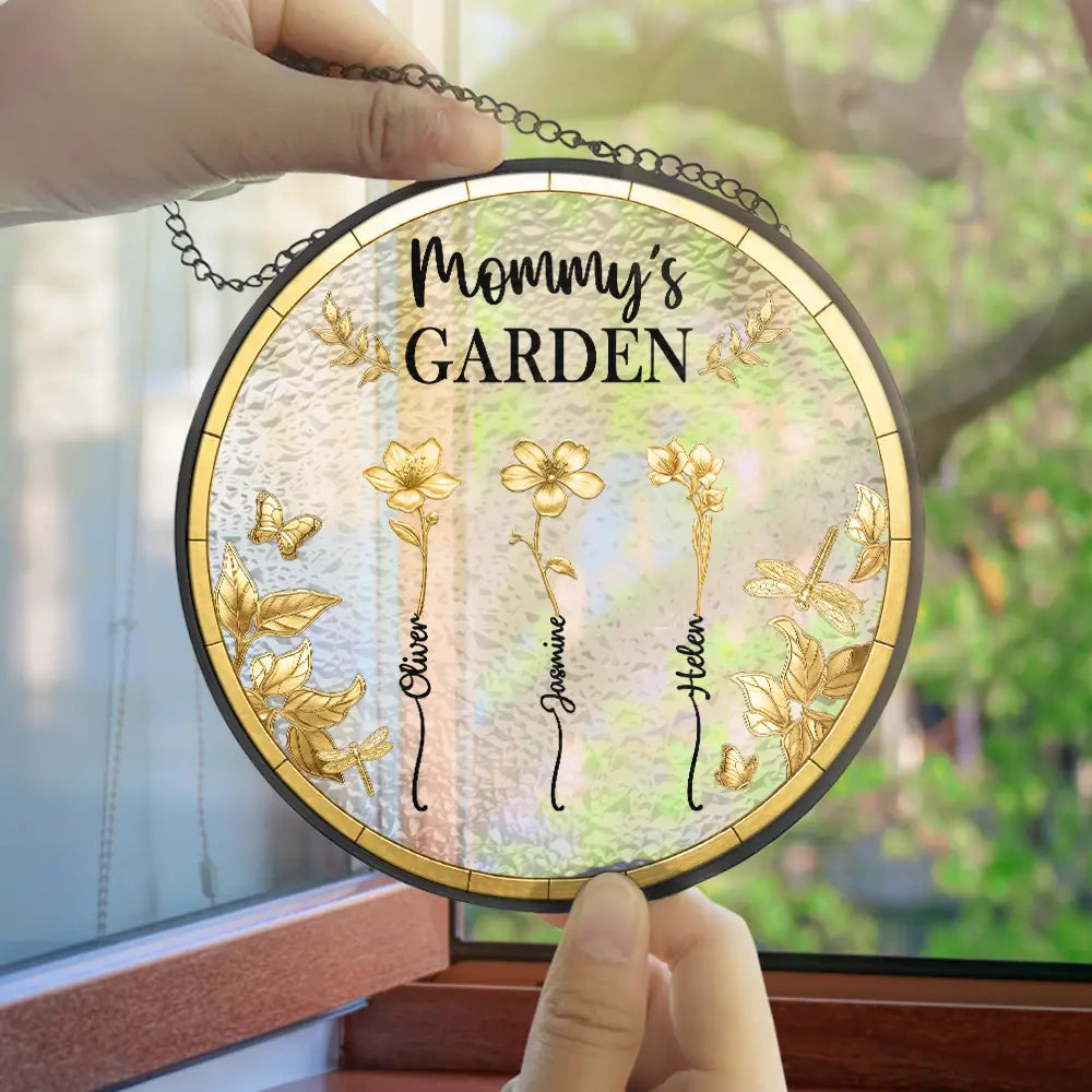 Gift For Women, Gift For Mother, Gift For Grandma, Love - 3D Metal Effect Birth Month Flowers Grandmas Moms Garden - Personalized Stained Glass Window Hanging Suncatcher