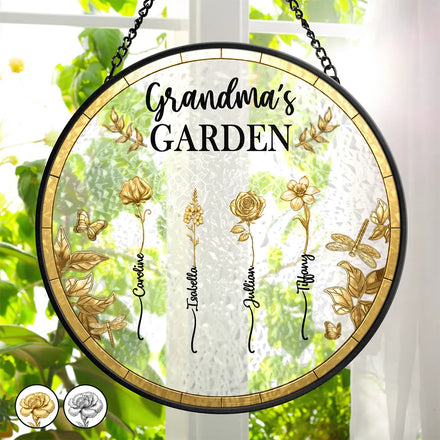3D Metal Effect Birth Month Flowers Grandmas Moms Garden - Personalized Stained Glass Window Hanging Suncatcher