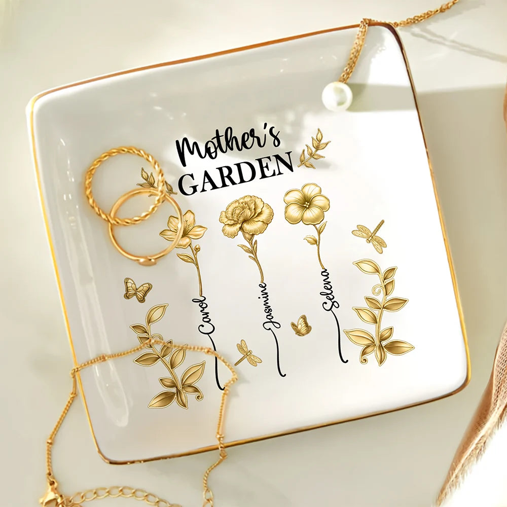 Gift For Women,Gift For Mother,Gift For Grandma,Love - 3D Metal Effect Birth Month Flowers Grandmas Moms Garden - Personalized Ring Dish