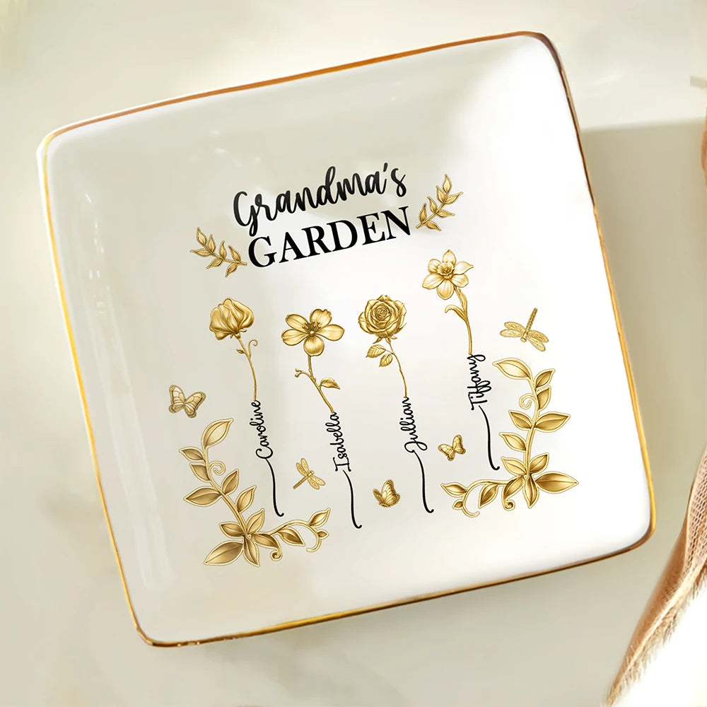 Gift For Women,Gift For Mother,Gift For Grandma,Love - 3D Metal Effect Birth Month Flowers Grandmas Moms Garden - Personalized Ring Dish