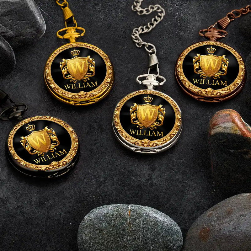 Gift For Men,Gift For Father,Gift For Brothers,Gift For Grandpa,Gift For Sibling,Cousin,Happy - 3D Metal Effect Gold Silver Monogram - Personalized Pocket Watch