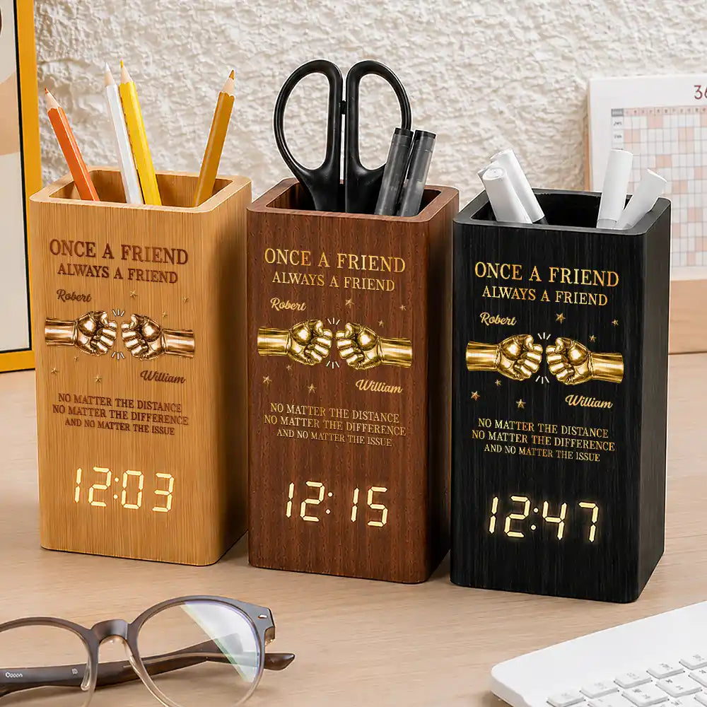 Gift For Brother,Gift For Sibling,Gift For Cousin,Grateful,Custom Text - 3D Metal Effect Once A Brother Always A Brother - Personalized Pen Holder With Clock