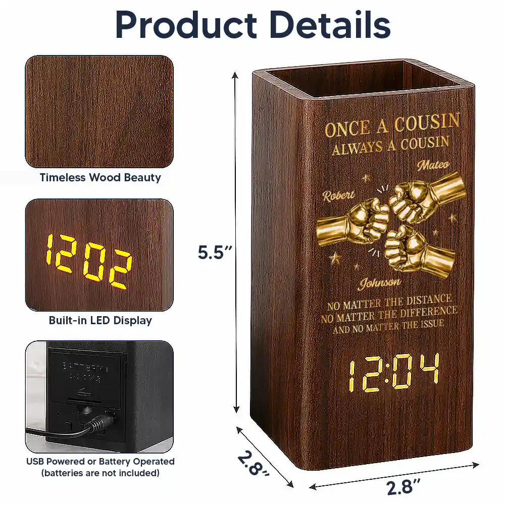 Gift For Brother,Gift For Sibling,Gift For Cousin,Grateful,Custom Text - 3D Metal Effect Once A Brother Always A Brother - Personalized Pen Holder With Clock