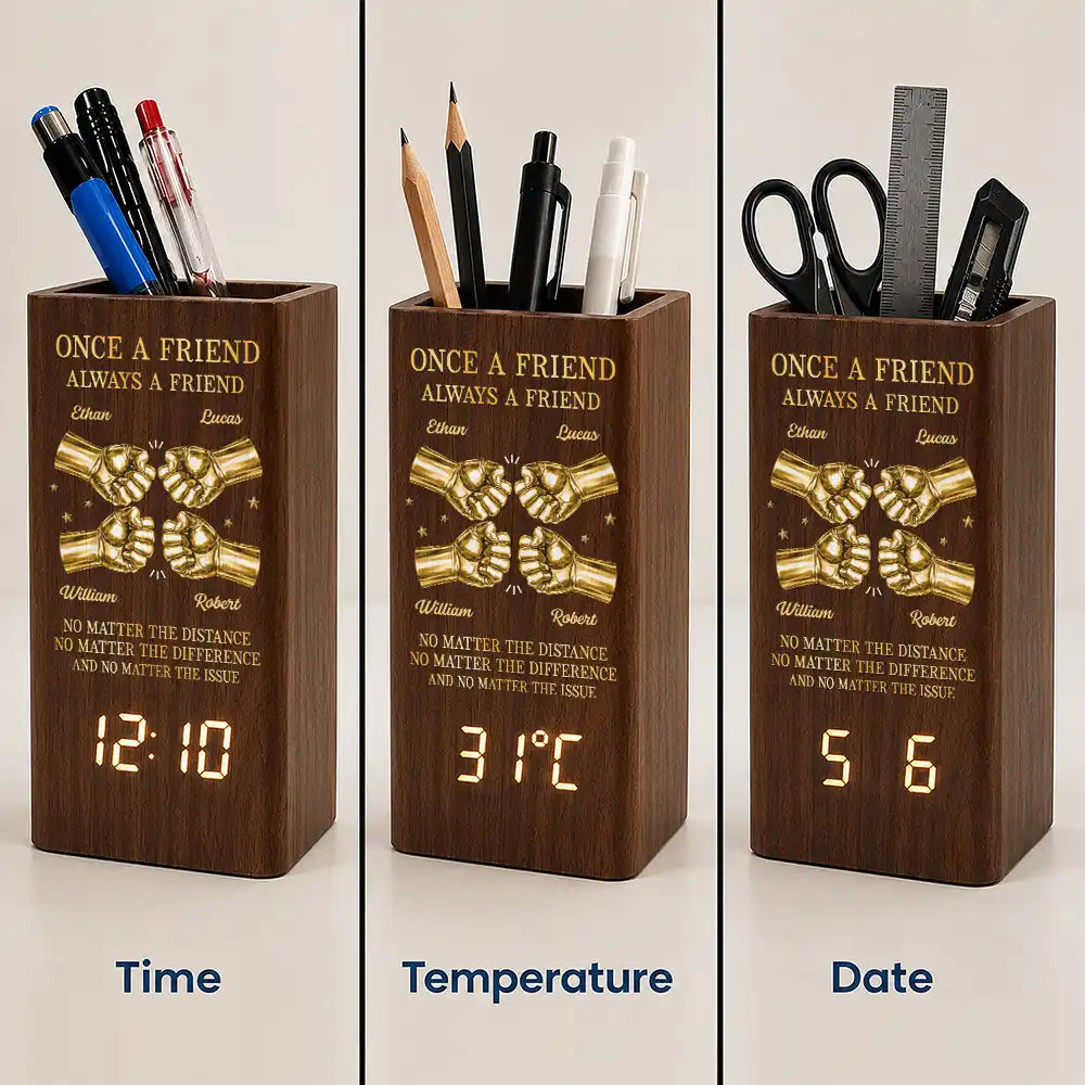 Gift For Brother,Gift For Sibling,Gift For Cousin,Grateful,Custom Text - 3D Metal Effect Once A Brother Always A Brother - Personalized Pen Holder With Clock