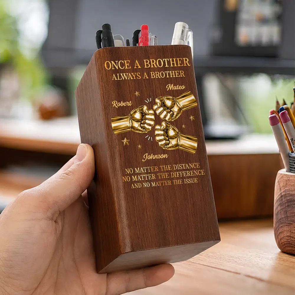 Gift For Brother,Gift For Sibling,Gift For Cousin,Grateful,Custom Text - 3D Metal Effect Once A Brother Always A Brother - Personalized Pen Holder With Clock