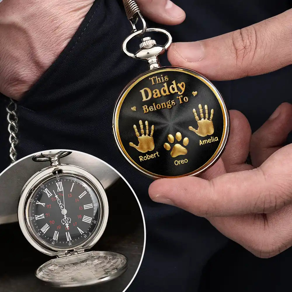 Icon,Non-Eng,Gift For Father,Gift For Grandpa,Gift For Men,Happy - 3D Metal Effect This Grandpa Belongs To Kids Pets - Personalized Pocket Watch