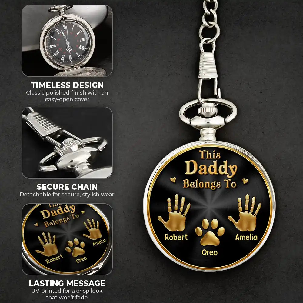 Icon,Non-Eng,Gift For Father,Gift For Grandpa,Gift For Men,Happy - 3D Metal Effect This Grandpa Belongs To Kids Pets - Personalized Pocket Watch