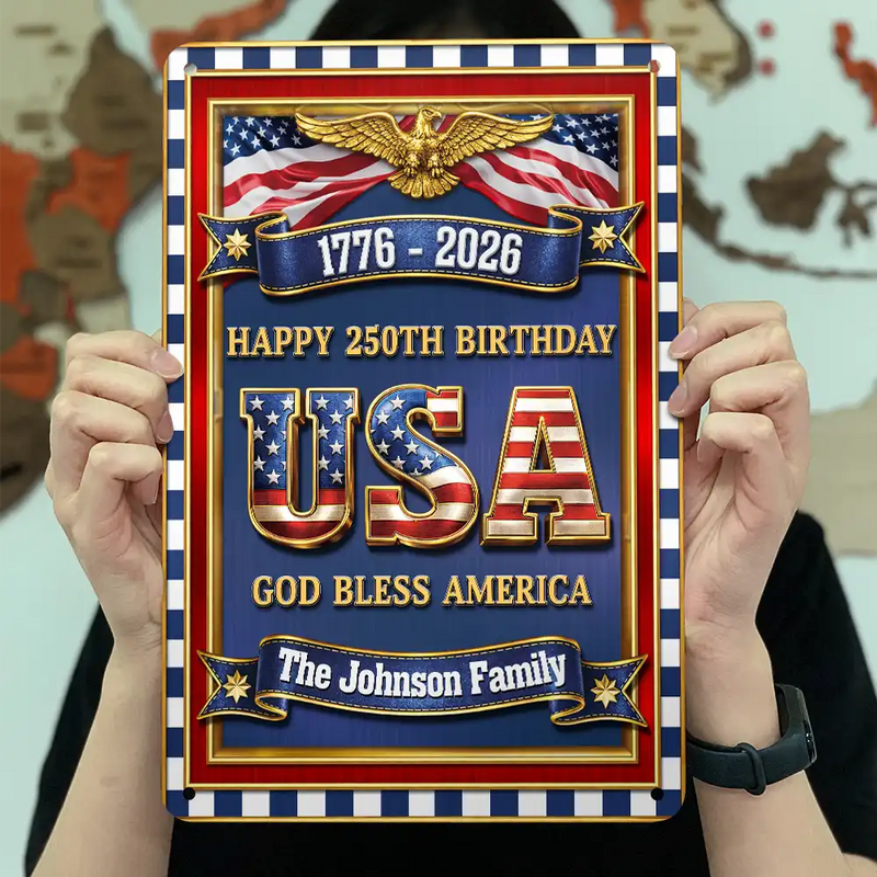 Family,Happy,Parents,Gift For Grandparents - 3D Metal Effect USA 250Th Birthday - Personalized Classic Metal Signs