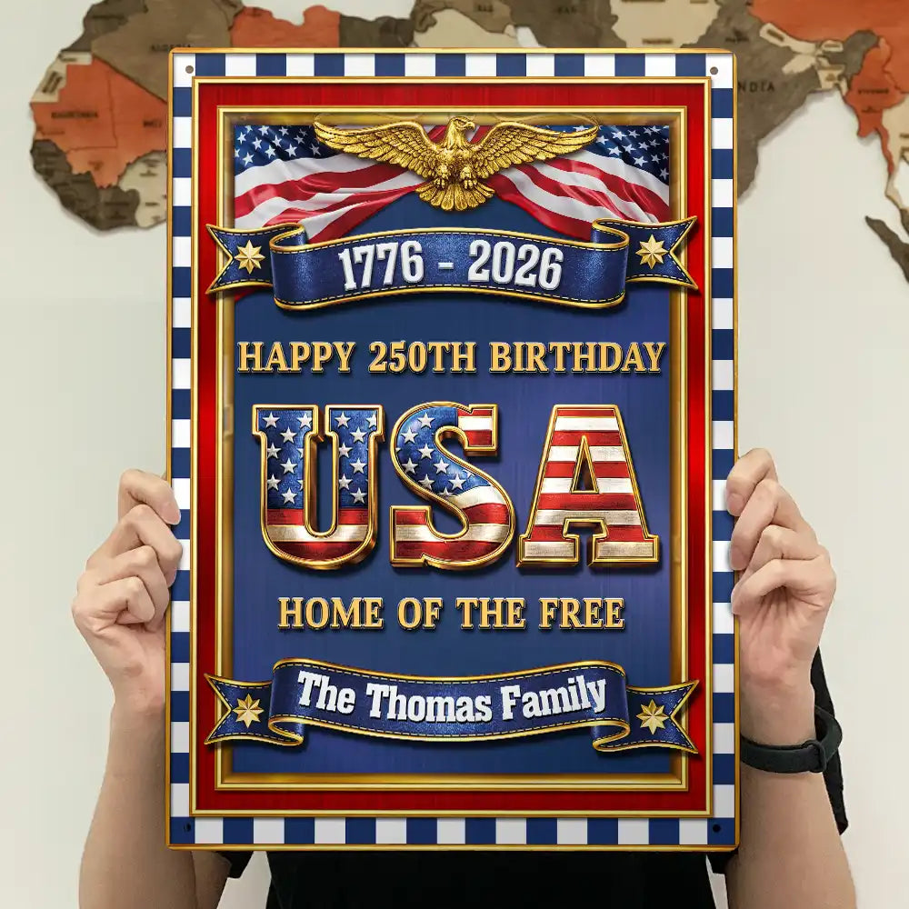 Family,Happy,Parents,Gift For Grandparents - 3D Metal Effect USA 250Th Birthday - Personalized Classic Metal Signs