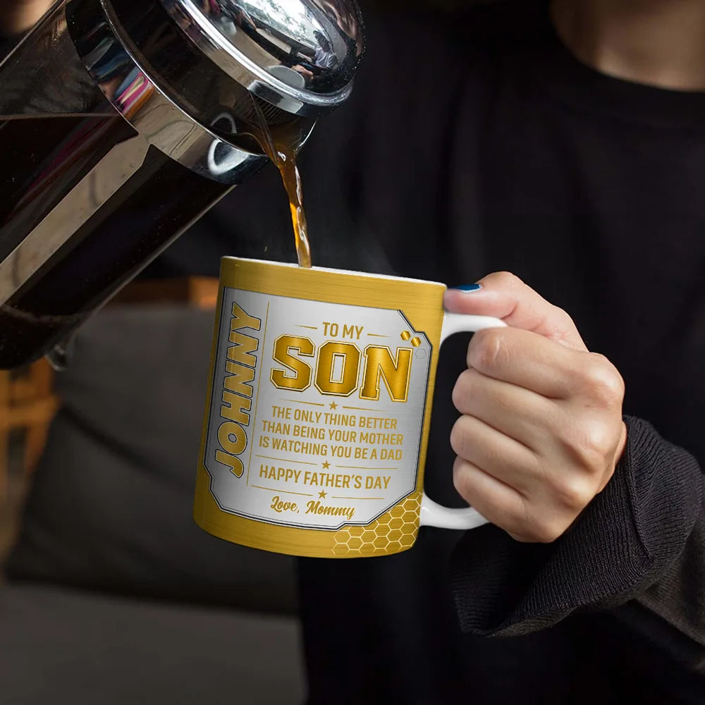 Gift For Son,Gift For Grandkids,Top Market,Non-Eng,Icon,Proud - 3D Metal Effect Watching You Being A Dad - Personalized White Edge-to-Edge Mug
