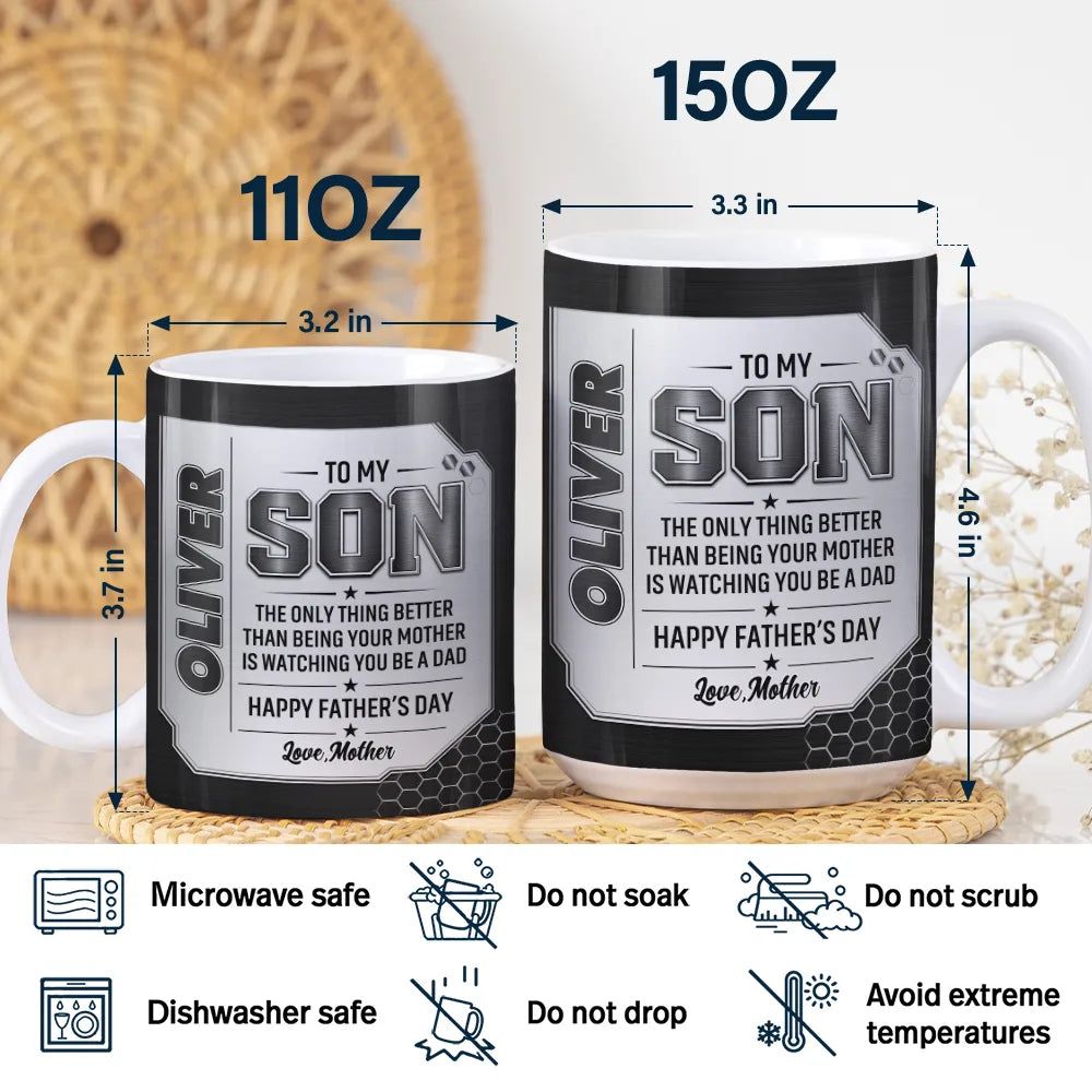 Gift For Son,Gift For Grandkids,Top Market,Non-Eng,Icon,Proud - 3D Metal Effect Watching You Being A Dad - Personalized White Edge-to-Edge Mug