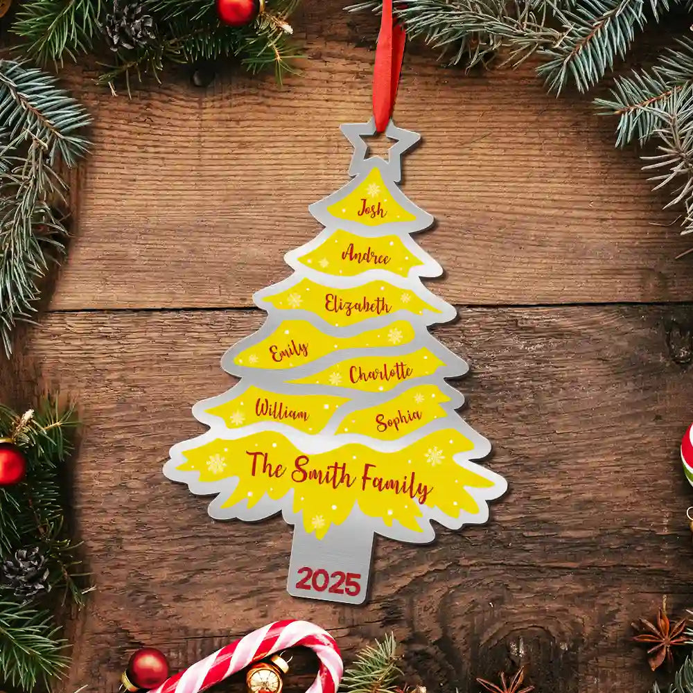 Family,Gift For Bestie,Happy,Christmas - Christmas Tree Family Bestie Custom Names Version 3 - Personalized Metal Ornament