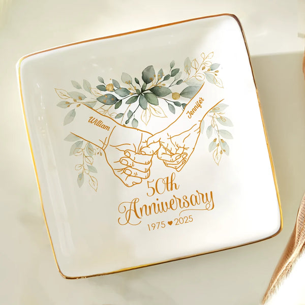 Wedding Anniversary, Gift For Couples, Gift For Husband, Gift For Wife, Happy - 50th Anniversary Forever Holding Hands - Personalized Ring Dish