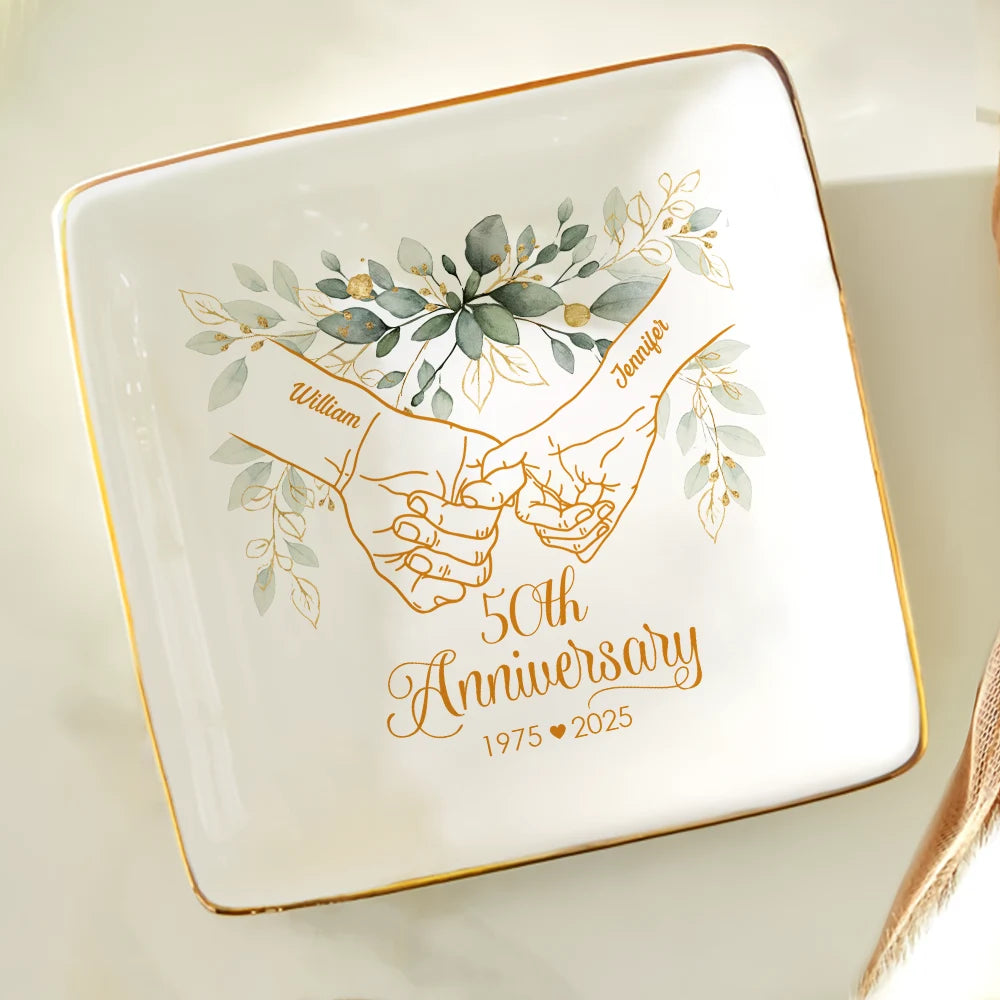 Wedding Anniversary, Gift For Couples, Gift For Husband, Gift For Wife, Happy - 50th Anniversary Forever Holding Hands - Personalized Ring Dish