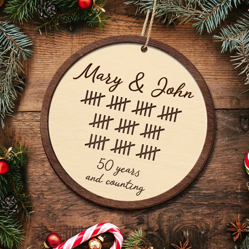 Wedding Anniversary,Gift For Couples,Gift For Husband,Gift For Wife,Happy - 5th Anniversary Wooden Anniversary Years And Counting - Personalized 2-Layered Wooden Ornament