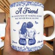 Gift For Bestie,Happy - A Friend Is God's Way Toile Pattern - Personalized White Edge-to-Edge Mug