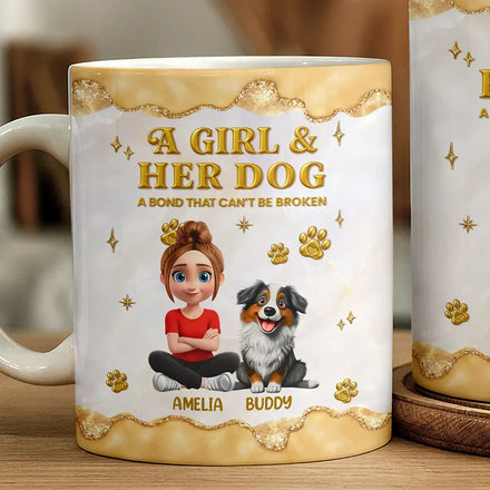 A Girl And Her Dog A Bond Can't Be Broken Gold Effect - Personalized White Edge-to-Edge Mug