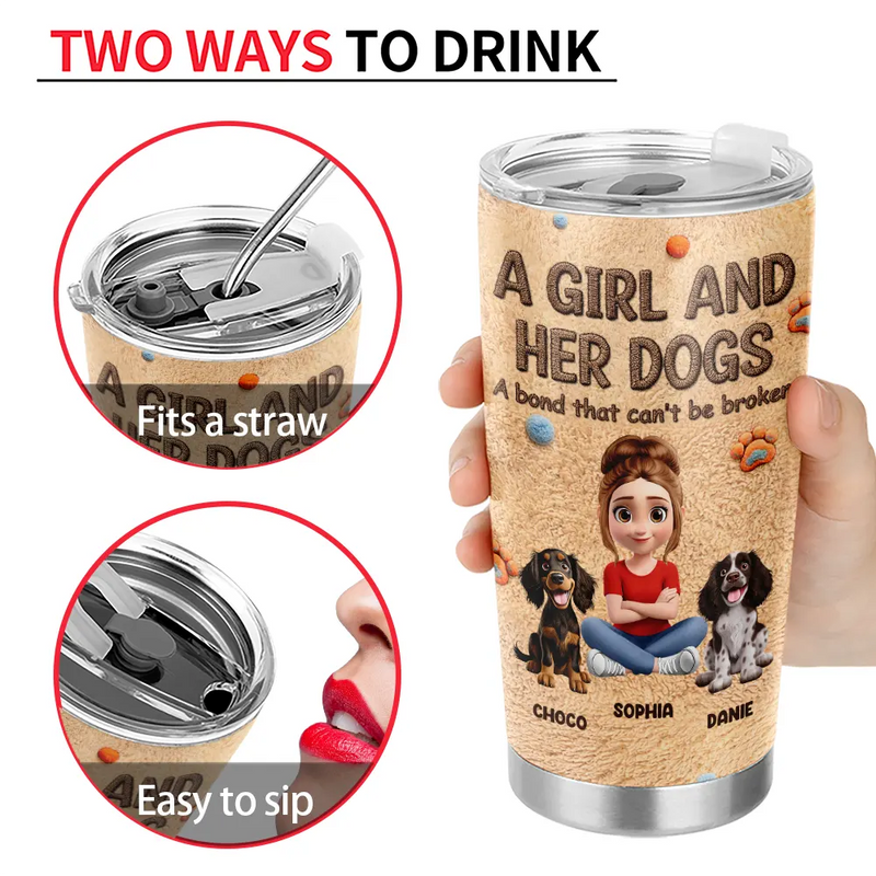 Pet Lovers, Pet Mom, Pet Dad, Dog Lovers, Dog Mom, Dog Dad, Happy - A Girl And Her Dog Embroidery Effect - Personalized Tumbler