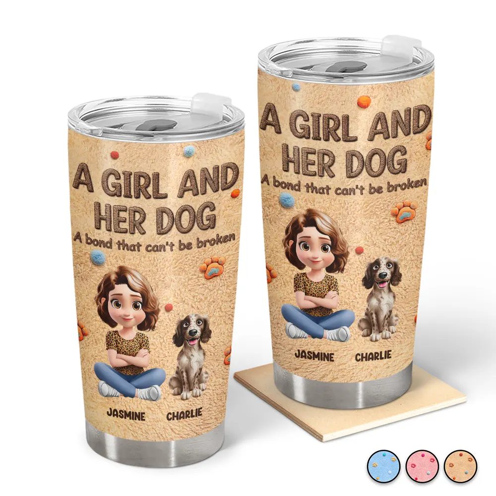 Pet Lovers, Pet Mom, Pet Dad, Dog Lovers, Dog Mom, Dog Dad, Happy - A Girl And Her Dog Embroidery Effect - Personalized Tumbler