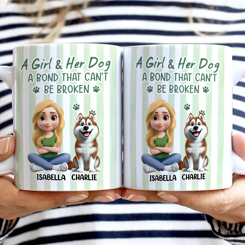 Pet Lovers,Pet Mom,Pet Dad,Dog Lovers,Dog Mom,Dog Dad,Happy - A Girl And Her Dog Stripe Colors - Personalized White Edge-to-Edge Mug