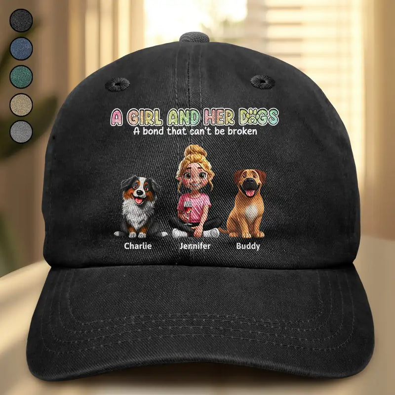 Dog Lovers, Dog Mom, Dog Dad, Summer, Pet Lovers, Pet Mom, Pet Dad, Happy - A Girl And Her Dogs - Personalized Vintage Washed Denim Cap