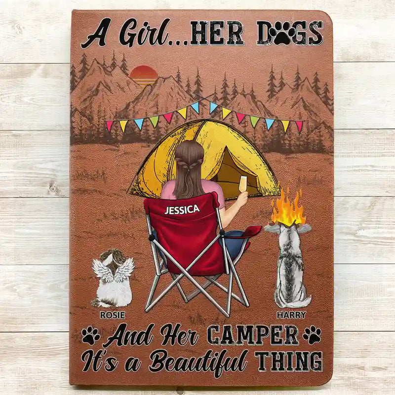Camping,Campsite,Funny,Dog Lovers - A Girl Her Dogs Camping - Personalized Leather Journal