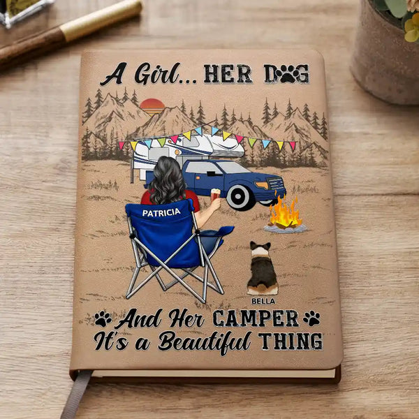 Camping,Campsite,Funny,Dog Lovers - A Girl Her Dogs Camping - Personalized Leather Journal