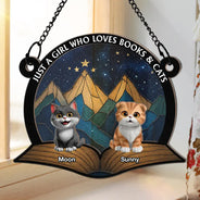 Reading, Cat Lovers, Pet Lovers, Happy - A Girl Who Loves Books & Cats - Personalized Window Hanging Suncatcher Ornament