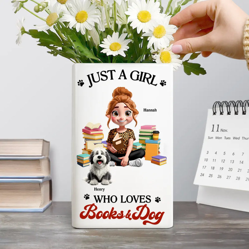 Gift For Women,Reading,Happy,Pet Lovers,Pet Mom,Dog Lovers,Dog Mom,Cat Lovers,Cat Mom,Gift For Yourself - A Girl Who Loves Books & Pets 3D Effect - Personalized Ceramic Book Vase