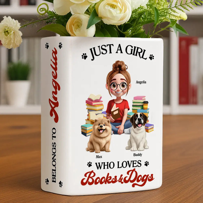 Gift For Women,Reading,Happy,Pet Lovers,Pet Mom,Dog Lovers,Dog Mom,Cat Lovers,Cat Mom,Gift For Yourself - A Girl Who Loves Books & Pets 3D Effect - Personalized Ceramic Book Vase