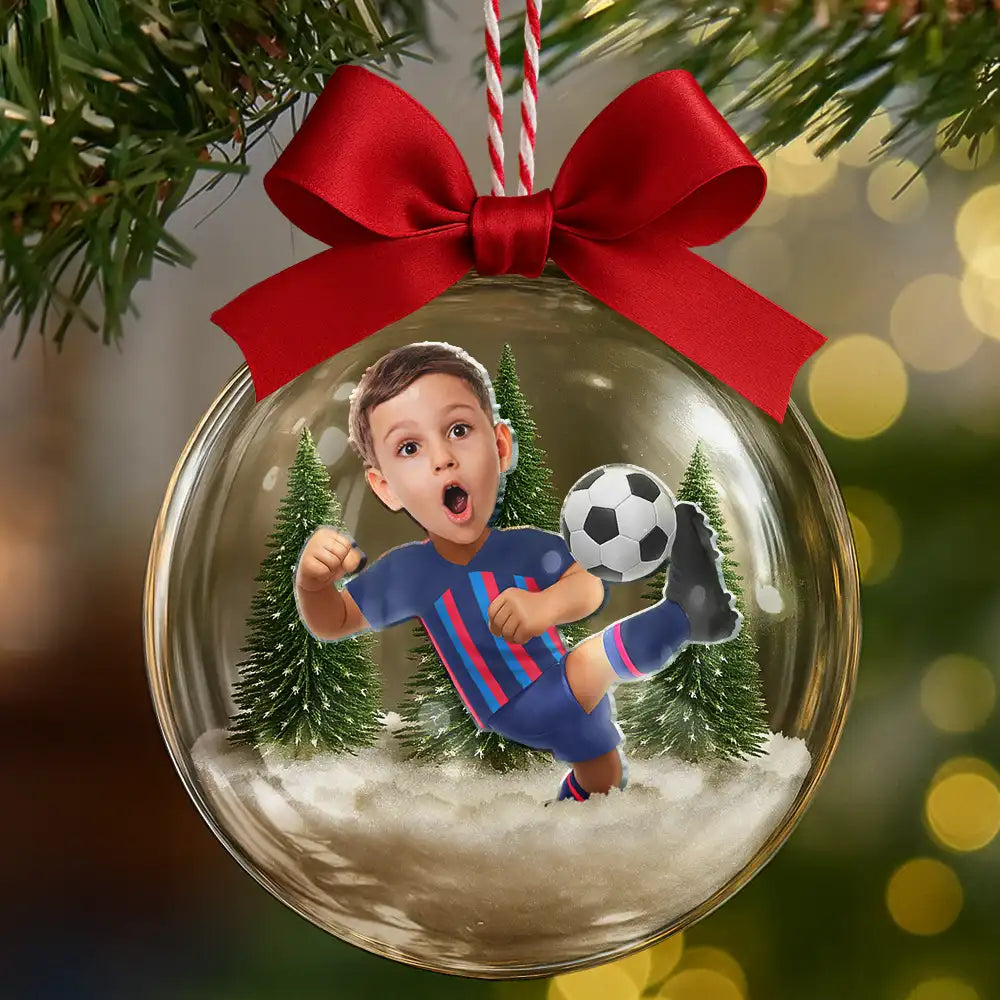 Gift For Kids,Custom Photo,Photo Hobby Ornament,Christmas,Happy - Custom Photo Kid Playing Football Soccer - Personalized 3D Acrylic Ball Ornament