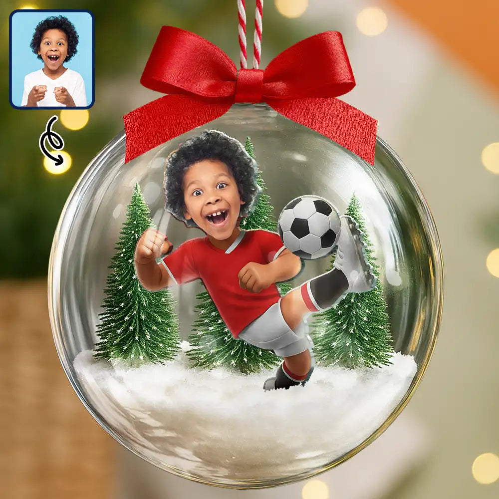 Gift For Kids,Custom Photo,Photo Hobby Ornament,Christmas,Happy - Custom Photo Kid Playing Football Soccer - Personalized 3D Acrylic Ball Ornament