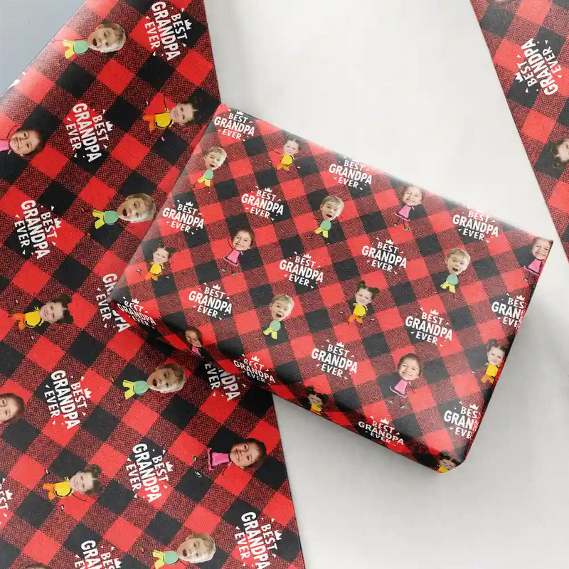 Gift For Grandpa,Gift For Father,Happy - Custom Photo Best Grandpa Ever Plaid Checkered Pattern - Personalized Wrapping Paper