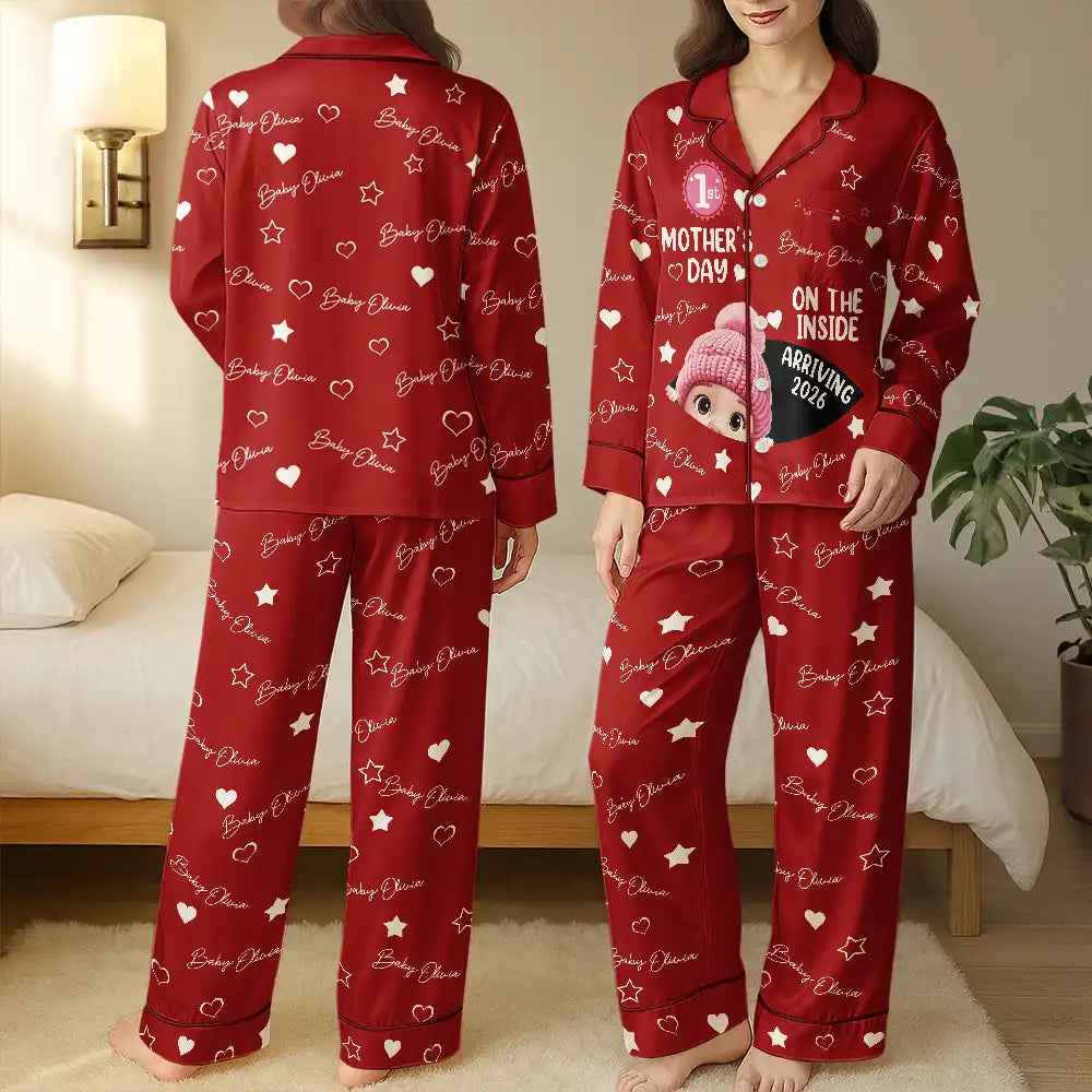 Pregnant Mom,Happy,Expecting Dad - Baby First Year On The Inside With Mom - Personalized Satin Pajama Set
