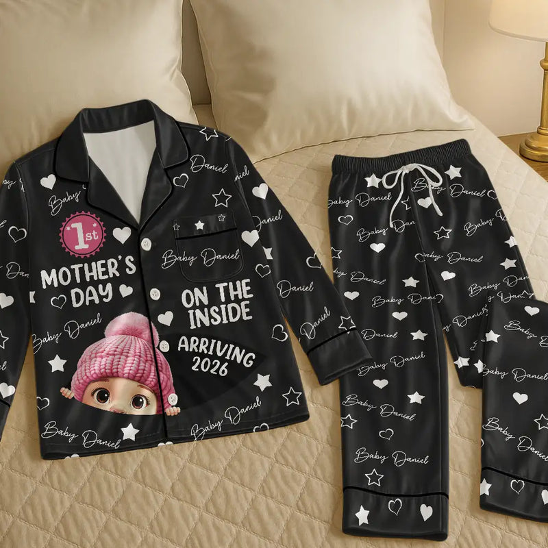 Pregnant Mom,Happy,Expecting Dad - Baby First Year On The Inside With Mom - Personalized Satin Pajama Set