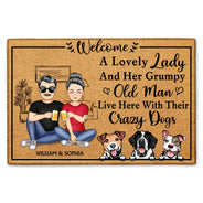 A Lovely Lady And Her Grumpy Old Man Live Here With Their Crazy Dogs Cats - Gift For Family, Couple, Pet Lovers - Personalized Custom Doormat