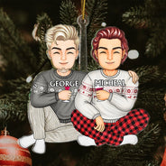 Couple Sitting Drink Together - Christmas Gift For Husband And Wife - Personalized Cutout Acrylic Ornament