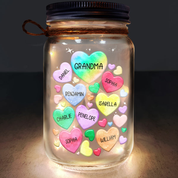 Grandma's Sweethearts Heart By Heart - Gift For Nana, Mom, Mama - Personalized Mason Jar Light