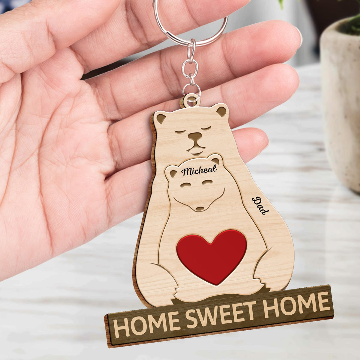 Papa Bear Mama Bear - Gift For Parents, Father, Mother, Grandpa - Personalized Wooden Keychain